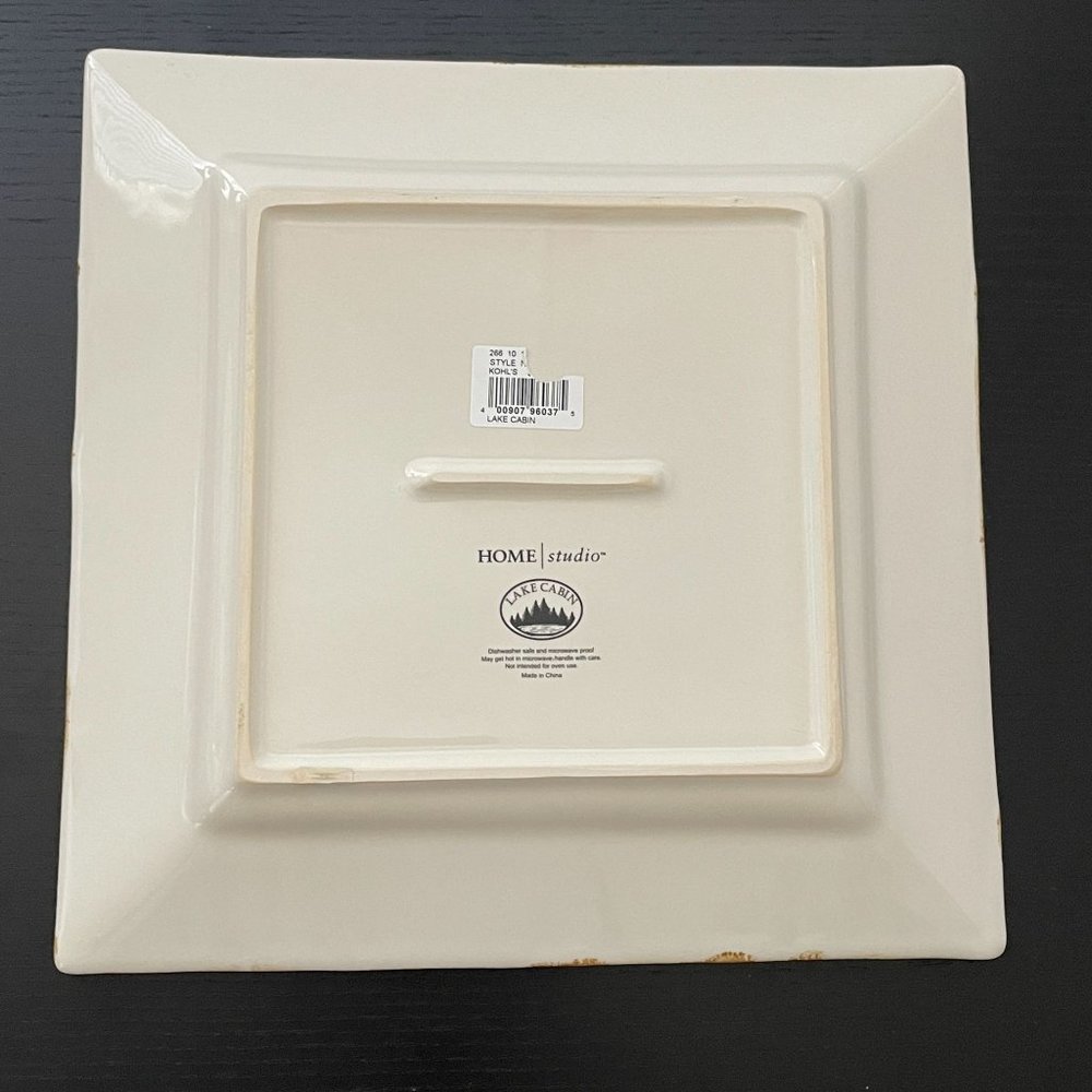 Homestudio Lake Cabin Dinner Plate Square Plaid Rustic Embossed Stoneware 11" - Picture 9 of 13